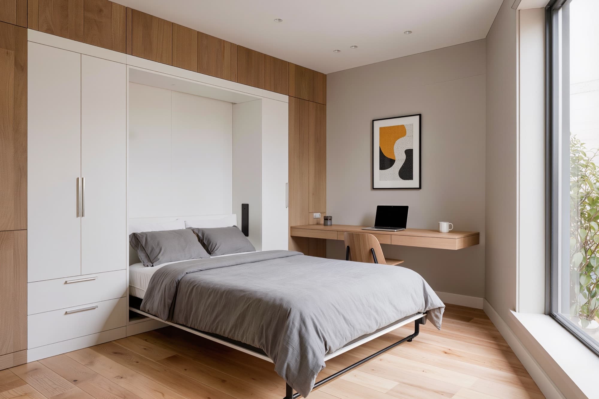White murphy bed open in an oak built-in wall with a floating desk beside it