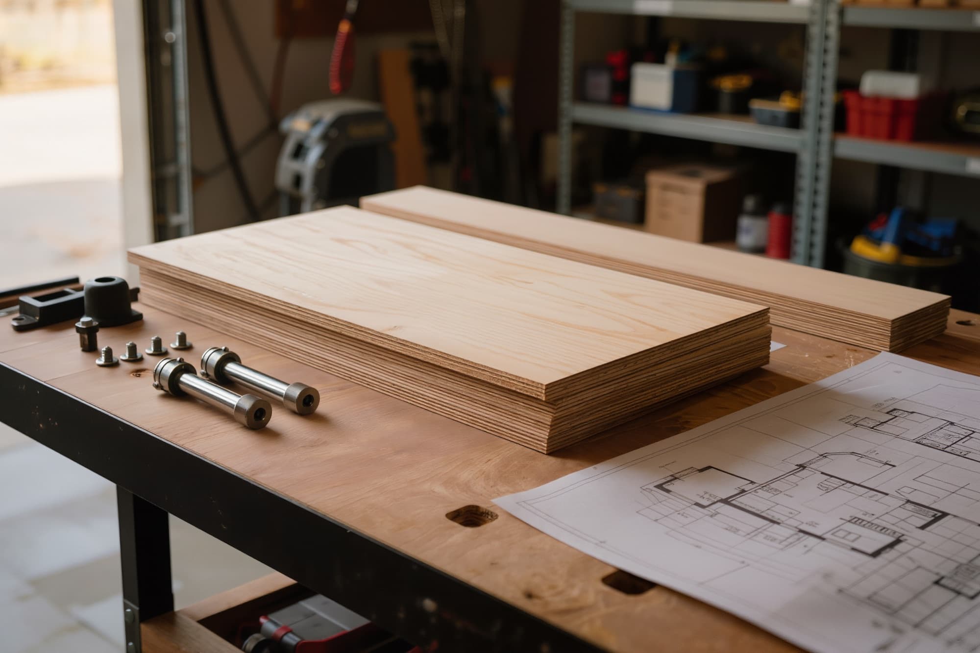 Plywood panels, murphy bed piston hardware and plans on a garage workbench