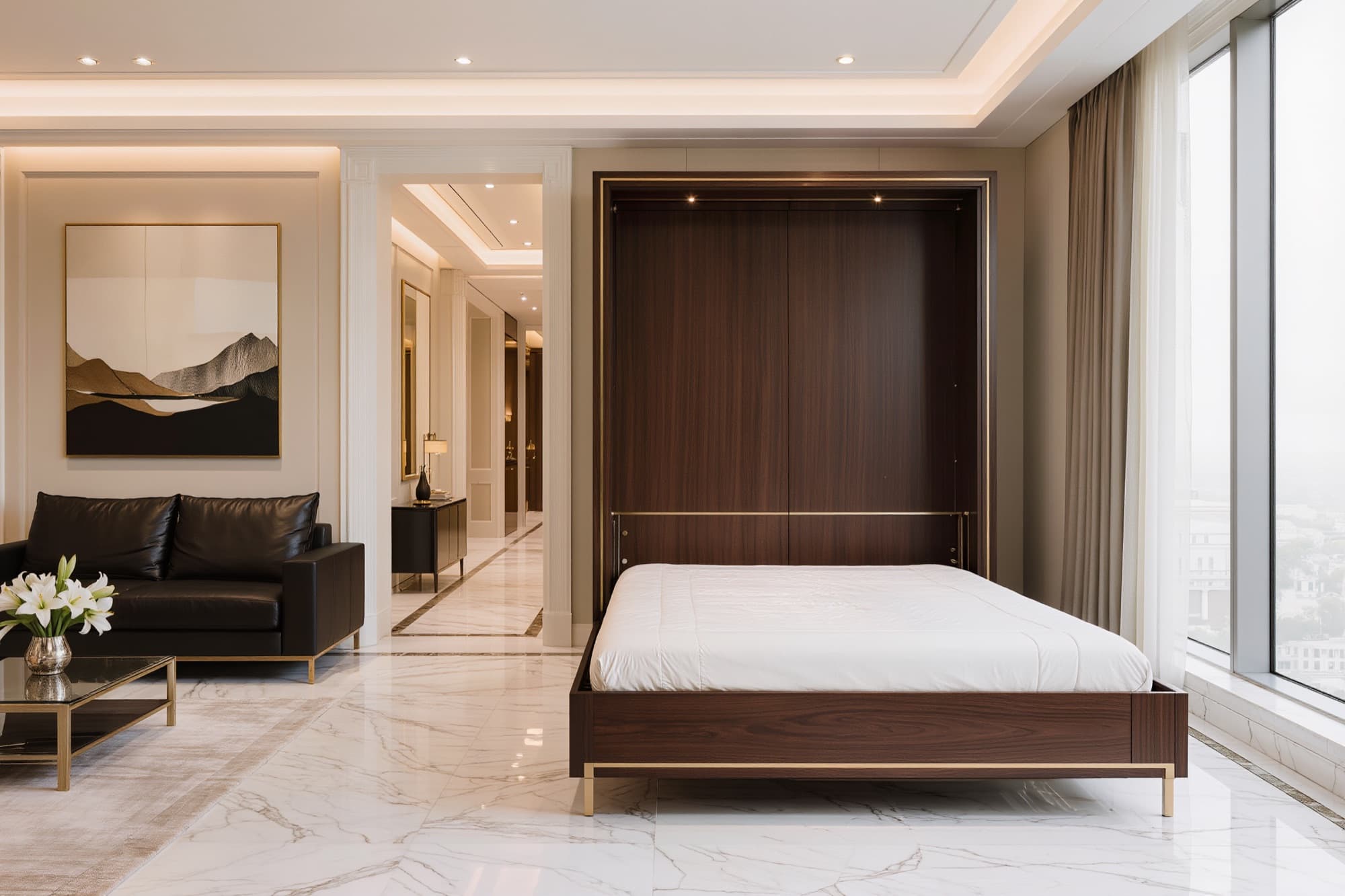 Dark walnut king murphy bed with brass trim open in an upscale apartment