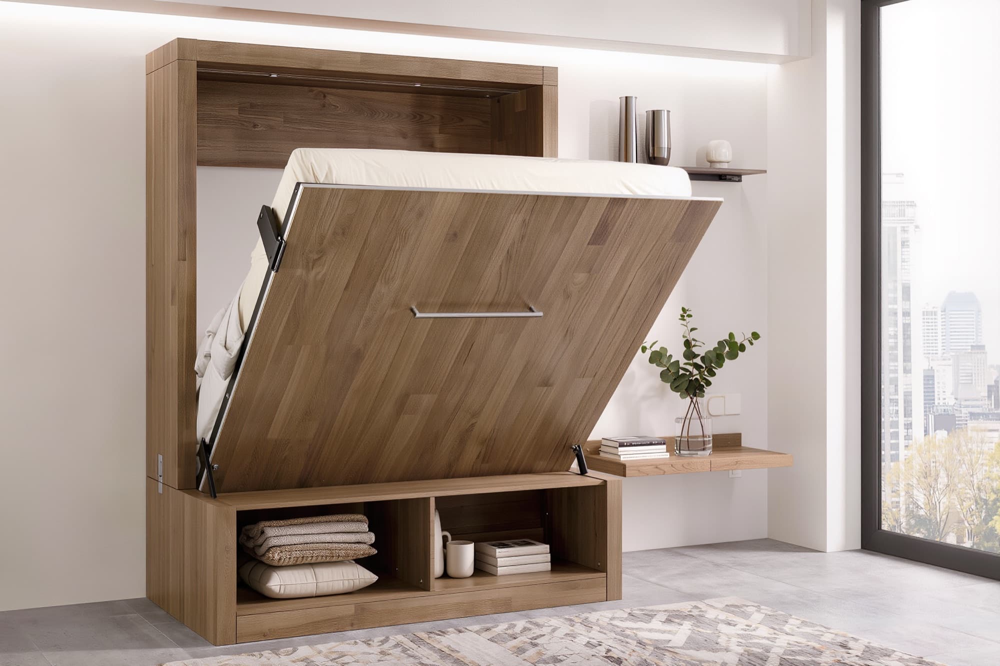 Oak murphy bed halfway open with its lift arms and gas strut visible