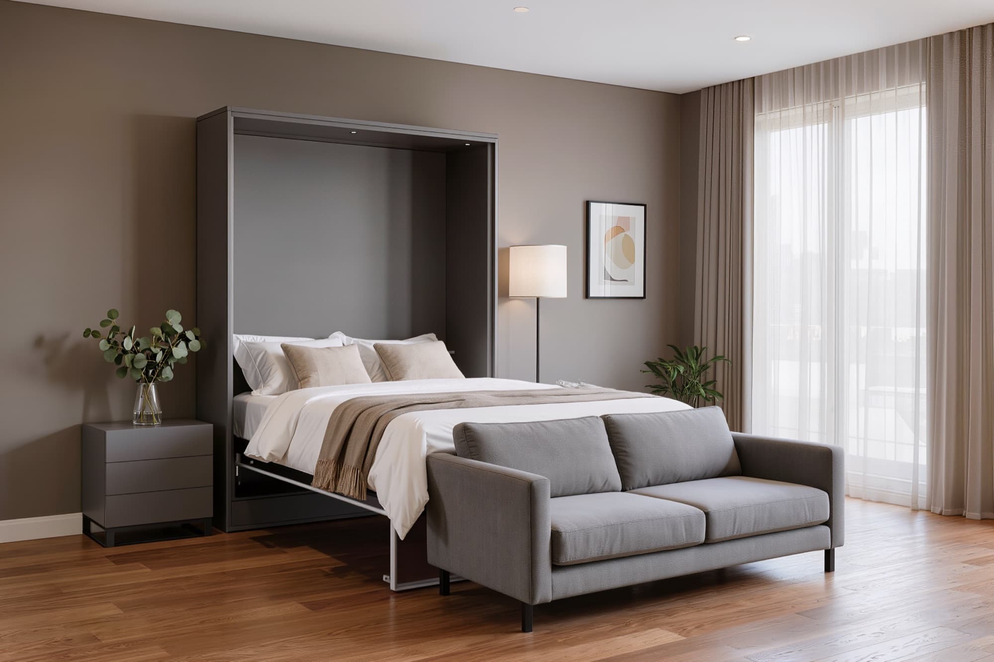 Grey sofa murphy bed open in a modern apartment, bed lowered over the sofa