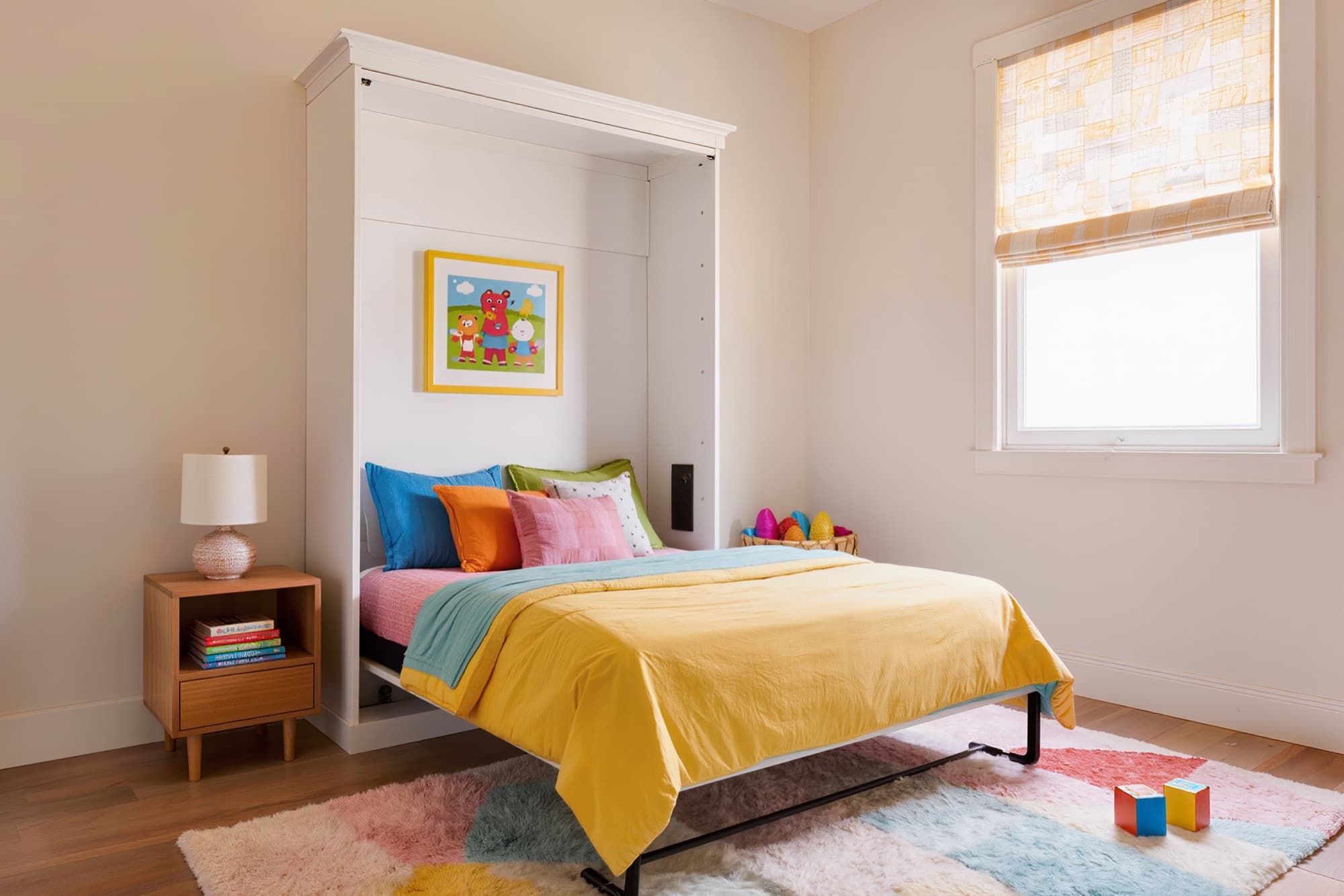 White twin murphy bed folded down in a kids room with colorful bedding