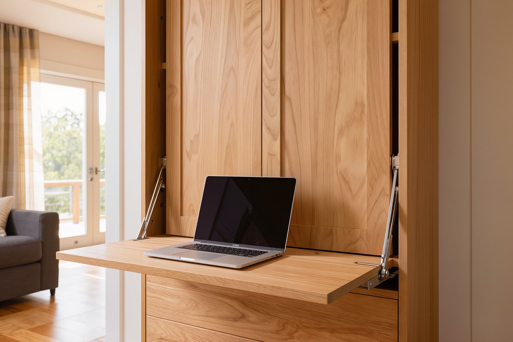 Closed oak murphy bed cabinet with its fold-down desk surface open and a laptop on it