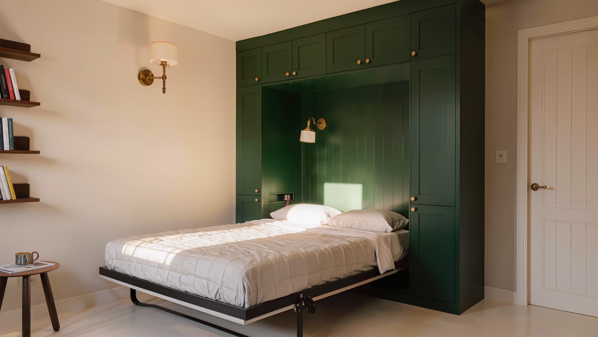 Green built-in murphy bed folded down in a warm cream room