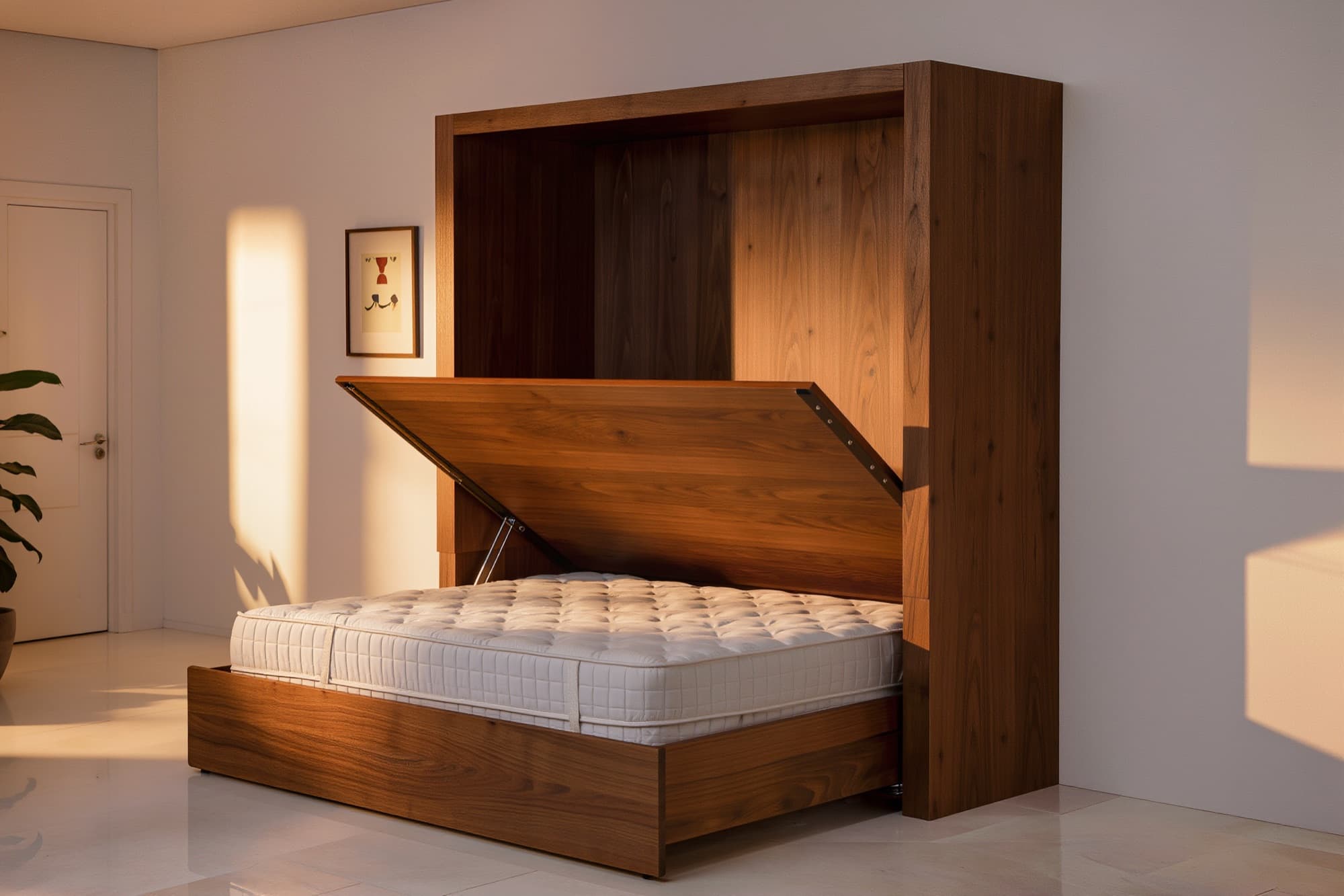 Walnut horizontal murphy bed halfway open in a warm minimalist room