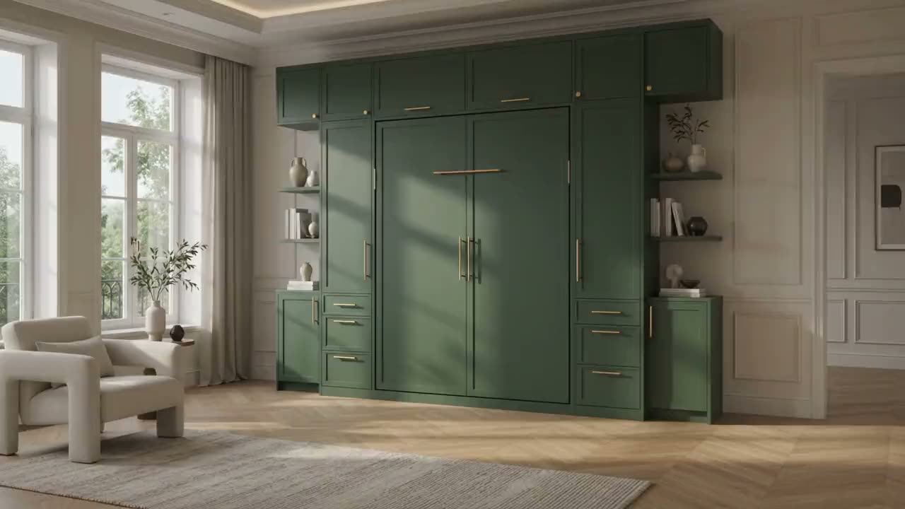 A sage green wall of cabinetry in a furnished room, with a murphy bed folding down out of it.